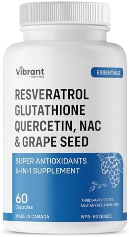 Resveratrol 500mg Glutathione 200mg Quercetin 200mg Grape Seed Extract - Antioxidant Supplement For Women and Men with N-Acetyl Cysteine and Selenium, Made in Canada 60 Capsules