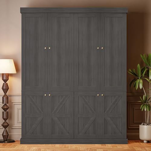 Image of ivaniti 70.8 inch Tall Bookshelf with Doors, Farmhouse Modular Bookcase with 4-Tier Adjustable Shelves, Large Storage Cabinet for Home Office, Living Room, Black, Set of 2