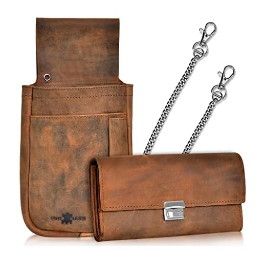 Leuchtbox Hunter - Juego de camarero profesional de piel, monedero, monedero, cartera con cinturón y cadena de metal, piel marrón