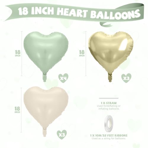 Image of Sage Green Gold Heart Balloons, 10 Pcs Light Gold Cream Heart Shaped Balloon, 18 Inch Olive Green Sand White Foil Balloons for Jungle Safari Brithday Baby Shower Wedding Valentines Party Decoration