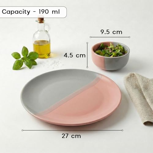 Image of The Earth Store DT Grey Pink Ceramic Dinner Set, 30 Piece Dinnerware Set with Plates, Bowls, Spoons & Lids | Microwave & Dishwasher Safe | Bone-Ash Free Crockery Set for Gifting & Dining