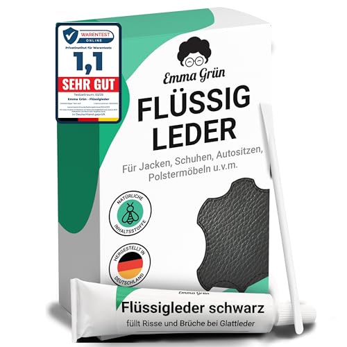 Emma Grün Flüssigleder Reparatur Set Schwarz [1x7ml] - Leder Kratzer entfernen für Risse & (Brand-) Löcher - Leder Reparatur Set - Lederpflege Set für Sofa & Autositze - Kunstleder Reparaturset
