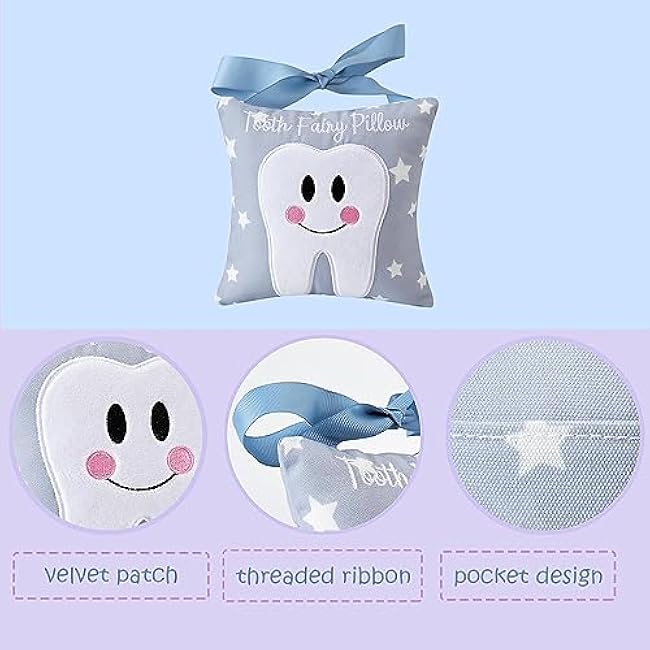 Tooth Fairy Pillow with Pocket for Kids Tooth Keepsake Pouch Tooth Fairy Bag on Back Toothfairy Gift for Boys and Girls, 6.8 x 6.8 inches (Light Blue)