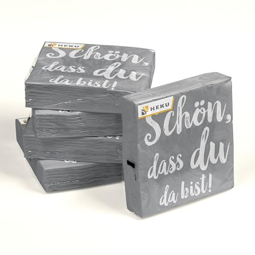 HEKU ’Schön dass du da bist’ Cocktail-Servietten, 3-lagig, 25x25cm, 150 Stück I Stilvolles Design I Ideal für Feiern I Praktisch Verpackt