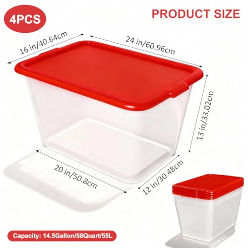 Image of SIMPLYKLEEN Storage Totes with Lids - Made in USA 14.5-Gallon (58-Quart) 4-Pack Clear Plastic Red Storage Bins Storage Containers Large Storage Boxes Organizer for Home, Office, and Garage Clear /Red