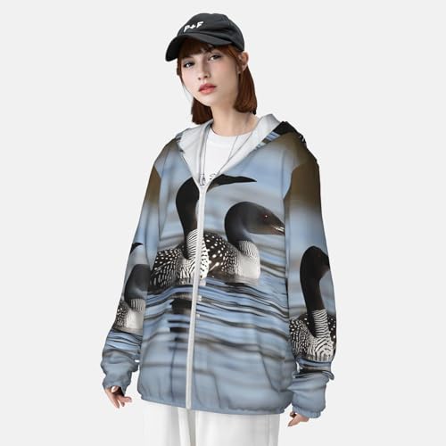 Women's UPF 50+ Sun Protection Hoodie Loon Birds Sun Shirt Long Sleeve Fishing Shirts for Men Jacket 6