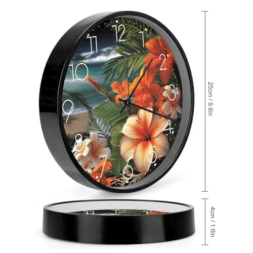 Horloge murale cadeau déco originale motif fleurs tropicales blanche 25cm
