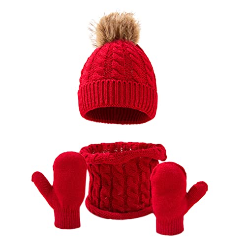 Winter Womens Hat Scarf Glove Set Knit Fleece Lined Neck Warmer Mittens for Boys Girls Soft Chunky Pompom - Main Image