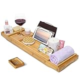 CINEYO Luxury Bamboo Bathtub Caddy Tray - Expandable Bath Table Over Tub with Wine Glass Book and Phone Holder and Free Soap Dish