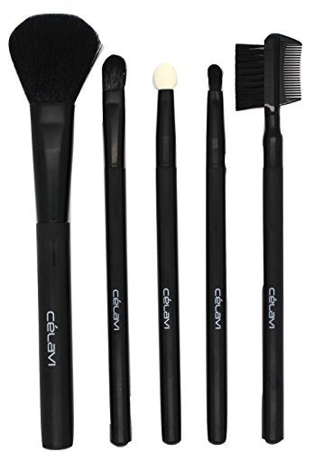 Celavi Professional Matte Black Makeup Brush 5PC Starter Set, Powder, Eyeliner, Concealer, Shading Sponge Brushes and Eyelash/Eyebrow Combo Comb