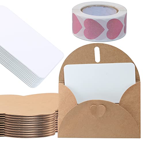 50 Piezas Sobres de Papel Kraft, Mini Retro Sobres, 10 X 7.5 CM Cierre de Corazón Sobres con 50 Piezas En blanco Blanco Tarjetas de papel y 1 Rollo Forma de corazón Pegatinas Cover
