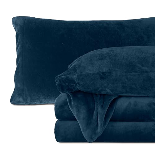 Elegant Comfort Luxuriously Soft 4-Piece Velvet Plush Flannel Sheet Set - Premium Quality - Cozy Warm, Anti-Static, Non Pilling Fuzzy Velvet Flannel Fleece Deep Pocket Sheet Set - Twin XL, Navy