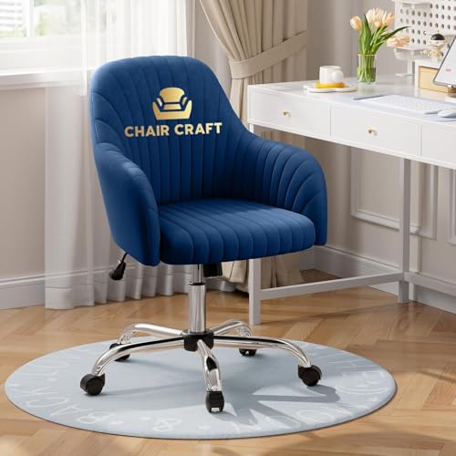 Image of Velvet Desk Chair for Home Office, Adjustable Swivel Task Chair Modern Computer Vanity Chairs with Arm Rest for Bedroom Living Room Make-up Room (Blue Dark)