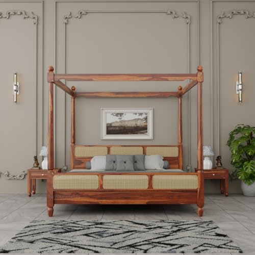 Image of Sheesham Wood King Size Poster Bed Four Poster Bed for Bedroom Solid Wood Double Bed Rattan Canopy Bed Cot Rattan-Honey-King