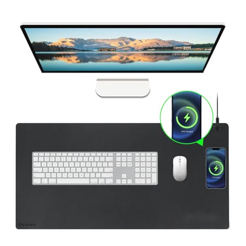 Office Wireless Charging Mouse Pad 15w for Desk Mat with Wireless Charger 15W Leather, 2 in 1 Non-Slip Waterproof Backing Anti-Scratch Mouse Pad for Computer Keyboard and Mice, 36" Lx17"W-Ri