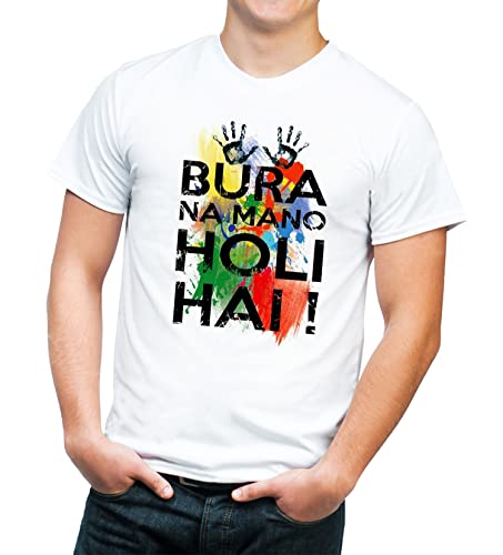 Image of Knitted Polycotton Fabric Regular Fit Men Boys Half Sleeve T-Shirt for Festival of Holi Style 21 White Size : Free