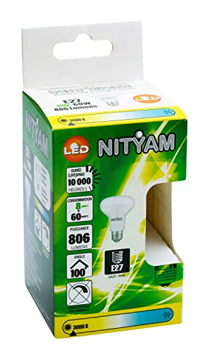 NITYAM Ampoule LED Spot modèle R63 8W 806 Lumens Culot E27 - Couleur d'éclairage Blanc chaud 3000K - Angle d'éclairage 100° Cover