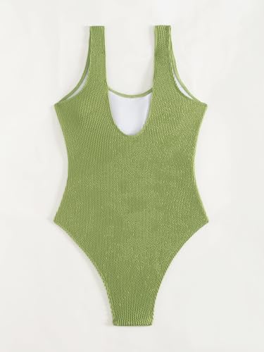 Image of Limeeke Women One Piece Swimsuit Solid Ribbed Monokini Swimwear Scoop Neck Low Back Bathing Suit