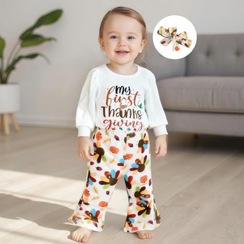 Newborn Baby Girl Thanksgiving Outfit Turkey Long Sleeve Bubble Romper Bodysuit Flare Pants Set Cute Fall Clothes2