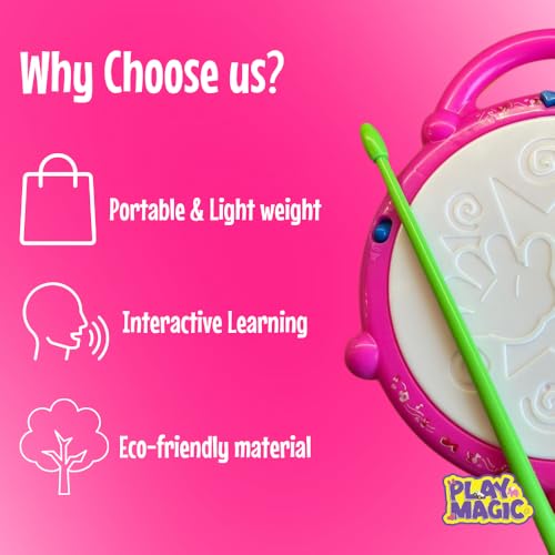 Image of PlayMagic Battery Operated 3D Flash Drum Toy for Toddlers | Flashing Lights & Musical Sound Effects | Dynamic Musical Instrument Toy with 2 Mallets | Pink | 3xAA Battery Powered (Not Included)