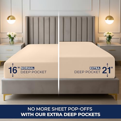Image of Utopia Bedding Extra Deep Pocket Queen Fitted Sheet, Fits up to 21 Inch Mattress - Hotel Luxury, Soft, Breathable and Comfy - Shrinkage and Fade Resistant - Easy Care (Beige)