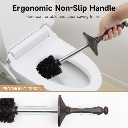 Image of Pewter Toilet Brush and Holder,Extra Long Handled Toilet Brush for Bathroom,Stainless Steel Heavy Duty Toilet Bowl Brush,Deep Cleaning Modern Toilet Cleaner Brush -Space Saving, Covered Brush