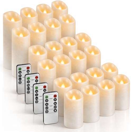 Image of Set of 24 Slim Outdoor LED Candles, Battery Operated Flickering Fake Candles with 10-Key Timers for Patio & Porch Decor, 2.2 Inch Diameter Waterproof Resin Pillars for Large Events & Sconces (White)