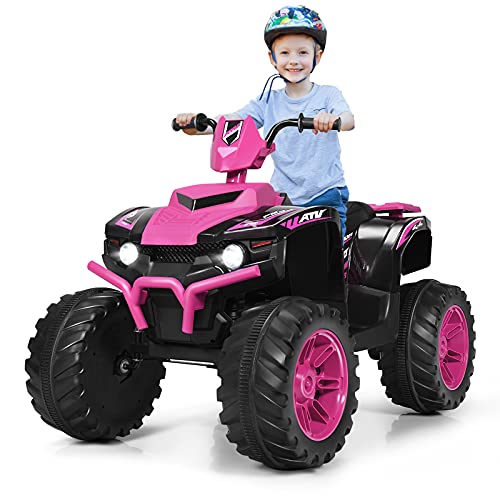 GYMAX Kids Electric Quad Bike Children Ride On ATV with Bluetooth Lights Music Horn High/Low Speeds and Slow Start 12 V Battery Powered Toy Car for 3-7 Years Boys Girls (Pink)
