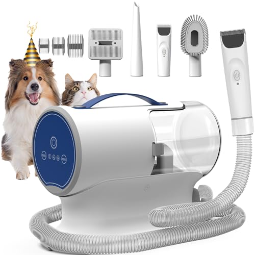 Image of FIXR Dog Grooming Kit with Vacuum - 12,000Pa Suction Electric Clipper + Guide Combs + Shedding Brush + Crevice & Cleaning Tools, 2L Dustbin, 50dB Quiet Motor for Dogs & Cats, Blue