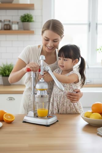 Image of Manual Citrus Juicer Heavy Duty Aluminum Hand Press - Professional Fruit Juicer for Orange, Lemon, Lime & Pomegranate - Easy Press, Durable, Kitchen Countertop Juice Extractor (Silver Grey)