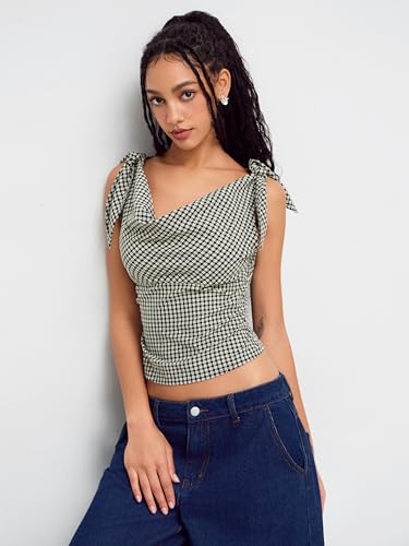CIDER Plaid Tank Top Cowl Neck Knotted Sleeveless Cami Top Checks Cotton Blend Women's Shirt Blouse Casual2