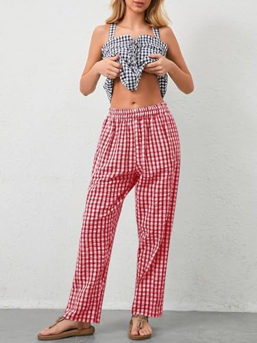 YKR Plaid Pants for Women Gingham Lounge Wide Leg Low Waist Pajama Pants Elastic Waist Trousers with Pocket3