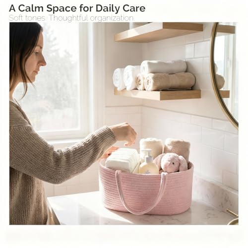 Image of luxury little Diaper Caddy Organizer, Large Cotton Rope Nursery Baby Basket, Changing Table Organizer for Baby Diaper Storage, Portable Car Organizer Removable Divider (Light Pink, Large)