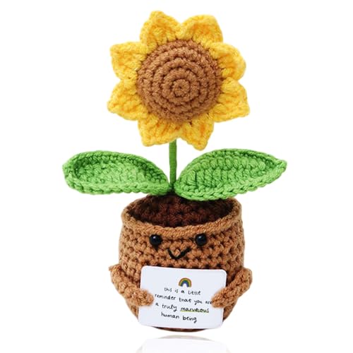Image of BendJoy Positive Crochet Sunflower | Handmade Emotional Support Crochet Flower Pot | Crochet Gifts for Home, Office Desk & Car Dashboard Decor