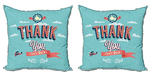 Lunarable Saying Decorative Throw Pillow Case Pack of 2, Grunge Effect Expression of Gratitude Colorful Thank You Very Much Message, Couch Bedroom Living Room Cushion Cover, 16", Pale Blue Dark Coral