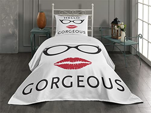 Ambesonne Hello Gorgeous Coverlet, Retro Eyeglasses and Red Lipstick Themed Phrase for Women and Girl, 2 Piece Decorative Quilted Bedspread Set with 1 Pillow Sham, Twin Size, Black White and Ruby