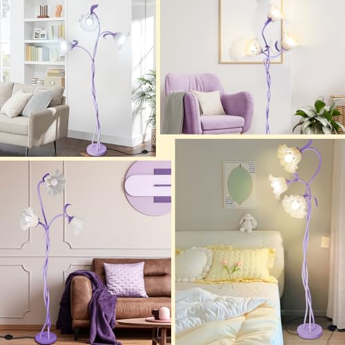 Image of Flower Standing Lamp for Bedroom, Cute Corner Floor Lamp with Flexible Gooseneck, 3 Light Floor Reading Lamp with 3 Color Temperatures, Bulbs Included, Tall Floor Lamp for Living Room Corner(Purple)