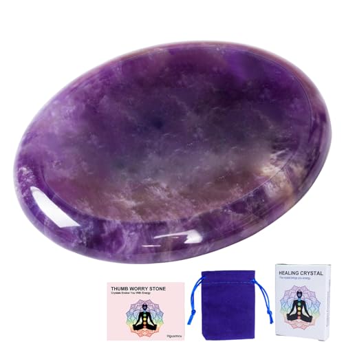 Natural Amethyst Crystal Thumb Worry Stone for Anxiety Stress Relief Hand Carved 1.8 Inch Healing Crystal Oval Thumb Worry Stone Meditation Accessories Reiki Pocket Palm Stone Gifts for Women Men