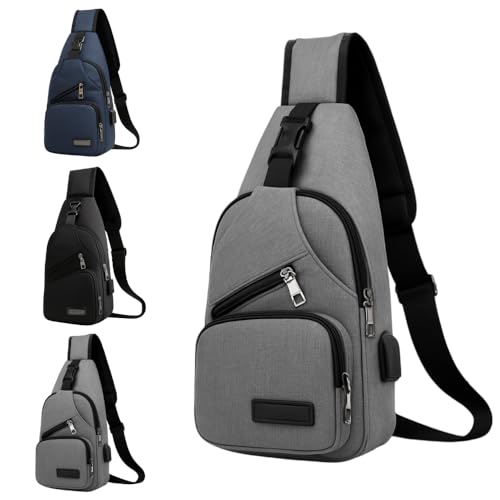 Mochila Transversal Unissex com Porta USB, Bolsos Múltiplos, Impermeável, Disponível em Azul, Preto e Cinza (Cinza)