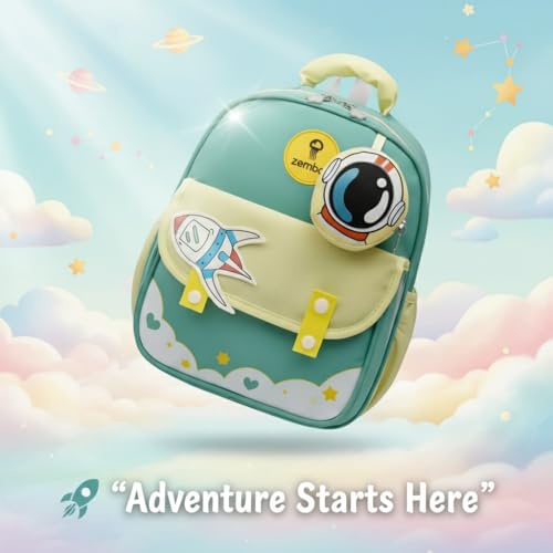 Image of Zemba Kids School Backpack, Space Explorer Theme with Astronaut and Rocket Design, Teal and Yellow, Polyester, Ages 2-6 Years