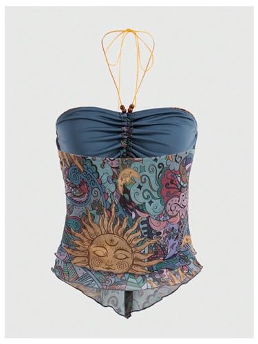 Women's Vintage Tops Beaded Halter Ruched Lettuce Trim Tube Top Boho Mesh Backless Western Tops2