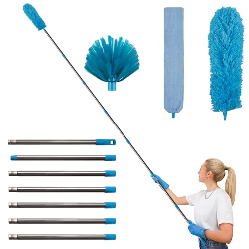 Terafeels 310 cm Staubwedel Lang Teleskop Waschbar mit 1 Biegbare Eckbesen und 1 Spinnenwebenentferner für Reinigung Unter Sofa Möbeln Deckenventilator Spinnweben (Blau)