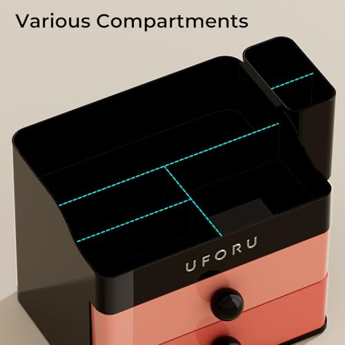 Image of UFORU Makeup Organizer for Vanity with Brush Holder, Countertop Skincare Organizer with 2 Drawers, Spacious Cosmetic Display Case for Perfumes, Eyeshadow Palettes, Nail Polishes