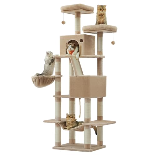 Feandrea Kratzbaum groß, 206 cm hoch, XXL Katzenbaum, mit 13 Kratzsäulen, 2 Plattformen, 2 Höhlen, Korb, Hängematte, Plüschbälle, mehrstöckiger Katzenkratzbaum, Kamelbraun PCT190K01
