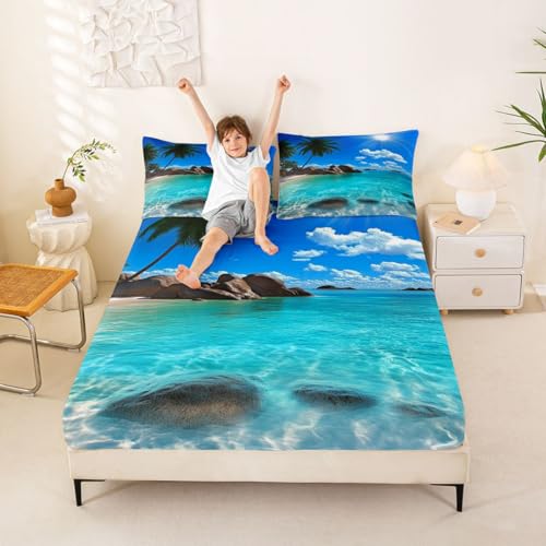 Image of jejeloiu Ocean Beach Bed Sheets Sets Full Size Kids Boys Girls Blue Sky Sea Bedding Set Tropical Palm Trees Bed Sheet Set with 16-Inch Deep Pockets 4Pcs with 2 Pillow Cases