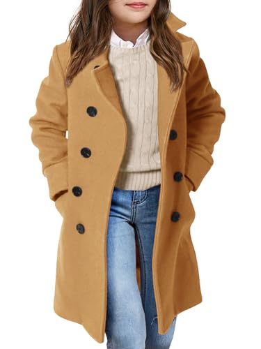 Haloumoning Girls Double Breasted Trench Coat Kids Notch Lapel Long Peacoat with Pockets 5-14 Years