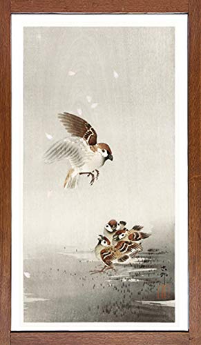 Amazon.co.jp: 小原古邨 桜吹雪に雀の親子 版画 原寸サイズ 46×25.5