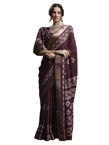 AKHILAM Women'S Banarasi Silk Geometric Printed Saree With Unstit...