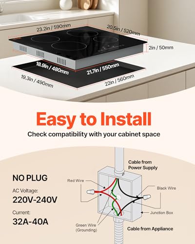 Image of VEVOR Built in Electric Stove Top, 24inch 4 Burners, 240V Glass Radiant Cooktop with Sensor Touch Control, Timer & Child Lock Included, 9 Power Levels for Simmer Steam Slow Cook Fry