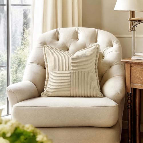 Image of MIULEE Decorative Throw Pillow Covers for Couch Bed Livingroom 20x20 Inch Set of 2 Cream Boho Accent Throw Pllows Broadside Striped Patchwork Soft Corduroy Pillowcases